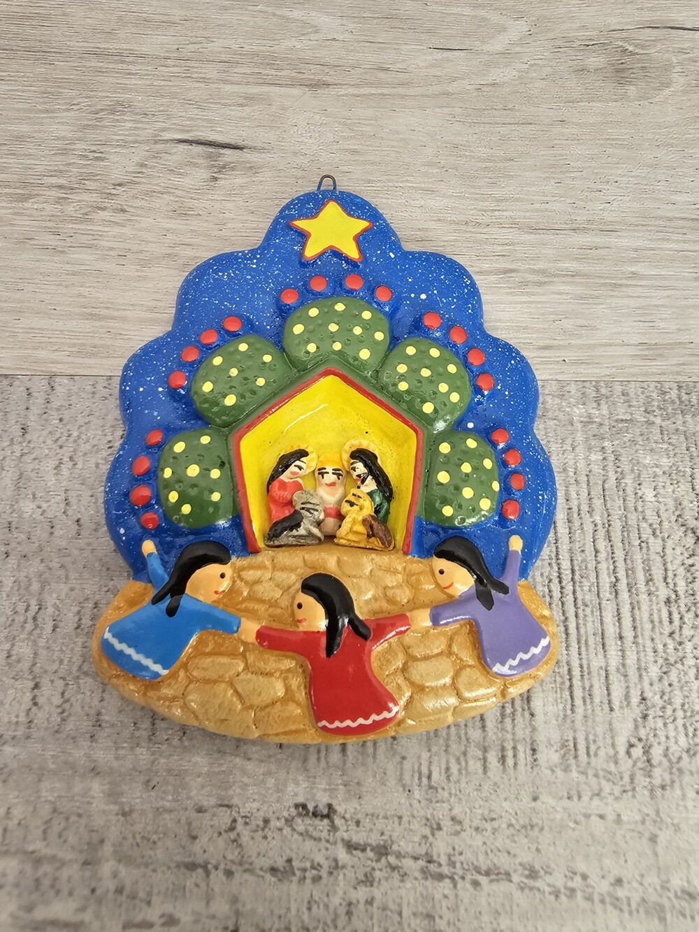 Peruvian Christmas Nativity Scene Carved Peru Folk Art Christmas Ornament Vtg